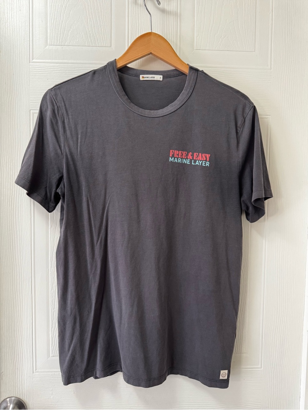 Marine Layer Men's Charcoal Tee with Pink & Teal Chest Graphic